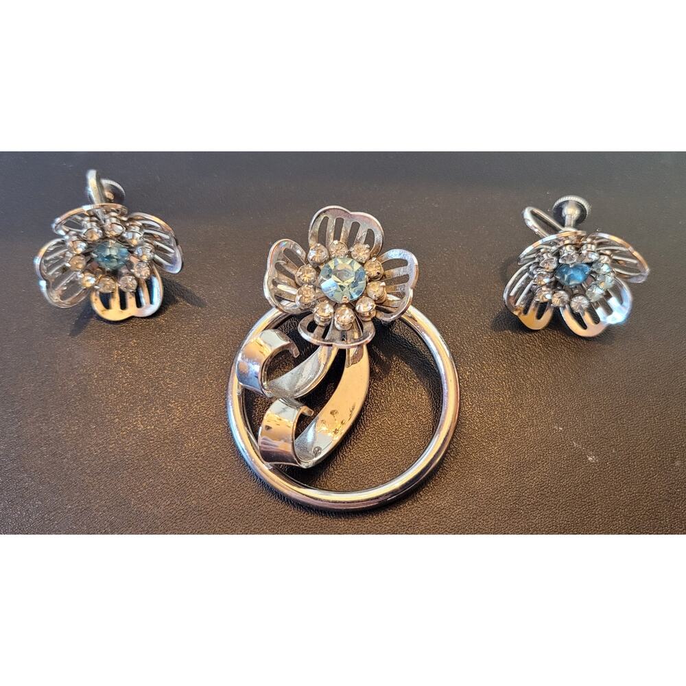 Vintage Bugbee & Niles Costume Earrings and Pin/Brooch, Blue & Clear Rhinestones